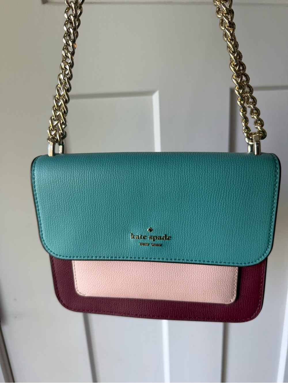 kate spade Colorblock Leather Chain Crossbody in Teal, Pink & Burgundy